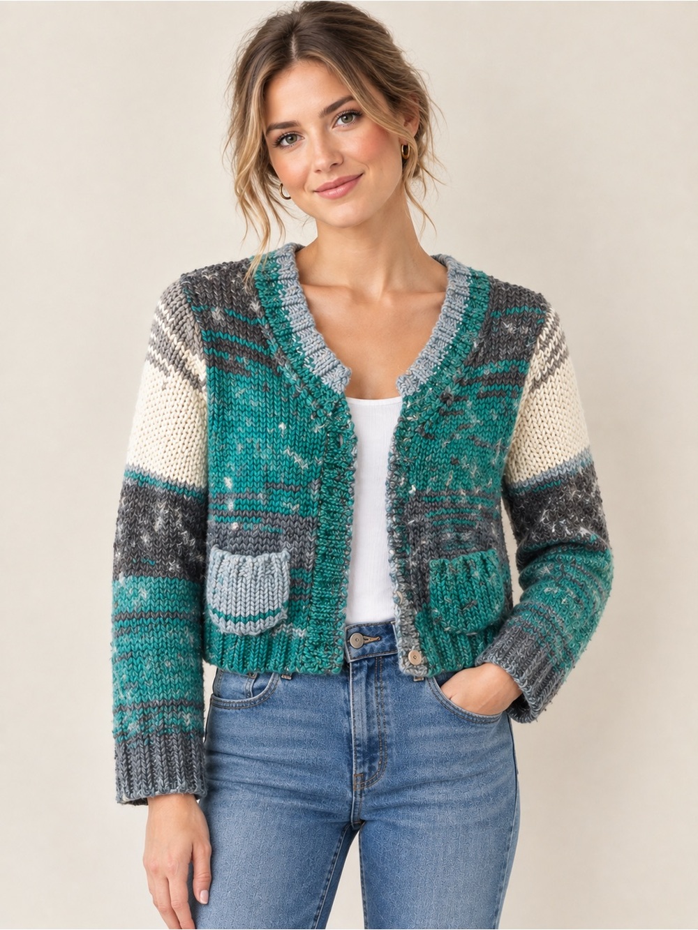 Anthropologie SHAE Chunky Knit Patchwork Cardigan Size Medium